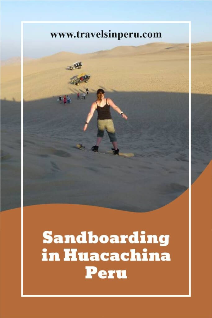 a pin created by travels in peru about sandboarding in huacachina with a picture of a girl sand boarding
